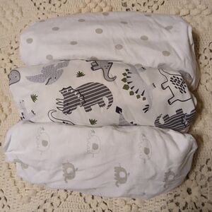 Set Of Three Cib Sheets. Dinosaur Print Baby Bedding Set - White and Gray